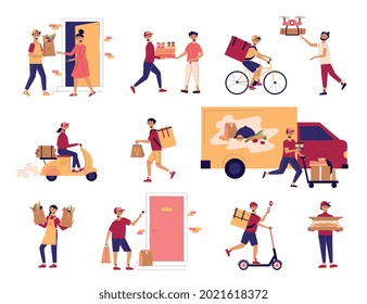 Icono de entrega de alimentos conjunto diferentes tipos de entrega y proceso de transferencia de un pedido con alimentos por mensajeros ilustración vectorial