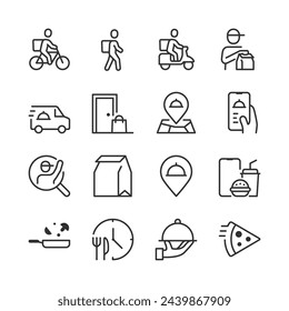 Food Delivery, icon set. Door-to-Door, Cafe and Restaurant food. Courier, Location Tracking, Order App, Packaging, Cooking, Estimated Arrival. and More. Line with editable stroke