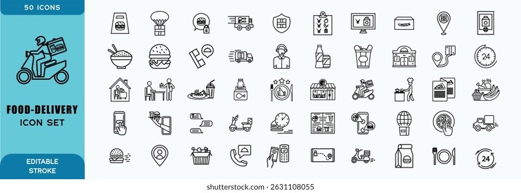 Food Delivery, icon set. Door-to-Door, Cafe and Restaurant food. Courier, Location Tracking, Order App, Packaging, Cooking, Estimated Arrival. and More. Line with editable stroke