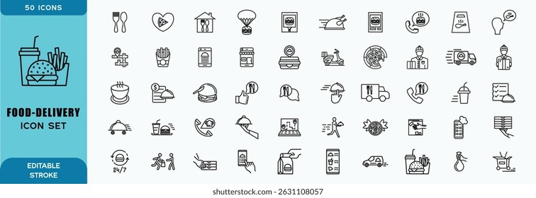 Food Delivery, icon set. Door-to-Door, Cafe and Restaurant food. Courier, Location Tracking, Order App, Packaging, Cooking, Estimated Arrival. and More. Line with editable stroke