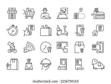 Food Delivery icon set. Line icons collection on white background. Food, parcel, box. Express delivery concept. Vector EPS 10