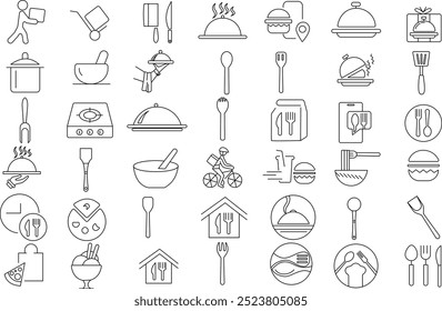 Food and Delivery icon set for logo and T-Shirt. Thin line art editable stroke.