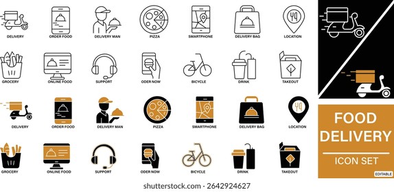 Food Delivery Icon Set Online Order, Fast Delivery, Restaurant and Meal Service