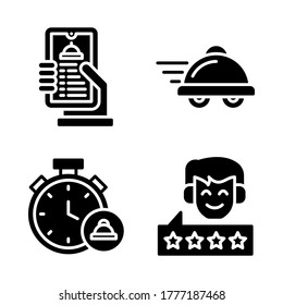 Food Delivery icon set = delivery order, delivery food, stopwatch food, rating man.
Perfect for website mobile app, presentation, illustration and any other projects.