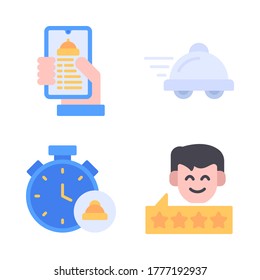 Food Delivery icon set = delivery order, delivery food, stopwatch food, rating man.
Perfect for website mobile app, presentation, illustration and any other projects.