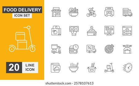 Food delivery icon set. Order, buying, shop, drive, transportation, van and more line icon.