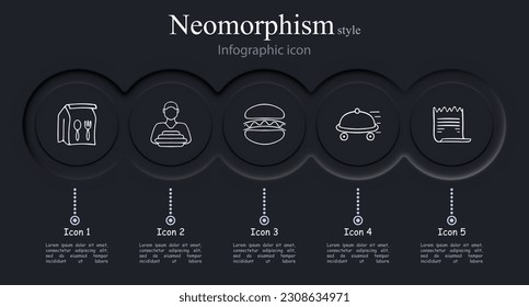 Food delivery icon set. Delivery person, food package, restaurant, online ordering. Fast delivery concept. Neomorphism style. Vector line icon for Business