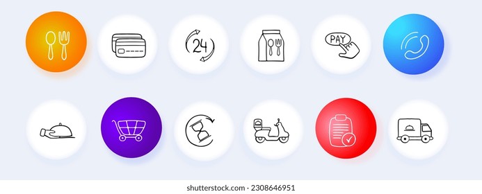Food delivery icon set. Delivery person, food package, restaurant, online ordering, fast delivery. Contactless delivery concept. Vector line icon for Business