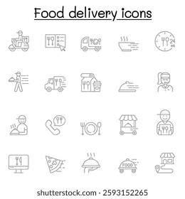 Food delivery icon set in thin line style