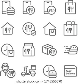 Icono de entrega de alimentos conjunto de ilustración vectorial. Contiene iconos como Courier, Delivery, Scooter, Food Box, Bike Delivery y más. Paro expandido
