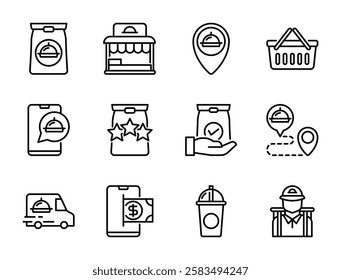 Food Delivery icon set, vector, in line style, for delivery, business, food and drinks, fast food, restaurant, etc.