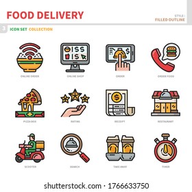 food delivery icon set,filled outline style,vector and illustration