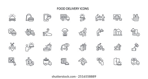 Food delivery icon set.vector.Editable stroke.linear style sign for use web design,logo.Symbol illustration.