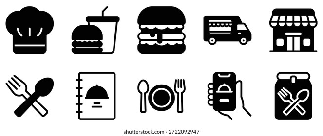 Icono de comida y entrega estilo de mezcla sólida que representa el servicio de restauración de pedidos en línea y el concepto de envío rápido para App de comercio electrónico e interfaces de Web.