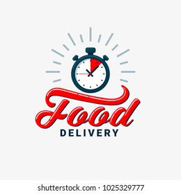 Food delivery icon. Timer and food delivery inscription on light background. Fast delivery, express and urgent shipping, eat mealservices, chronometer sign. Food delivery design. vector illustration.