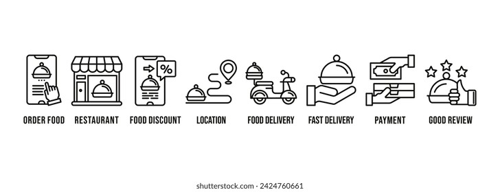 Food Delivery icon vector illustration for mobile app for Order Food, Food Discount, Restaurant, Location, Food Delivery, Fast Delivery, Payment And Good Review