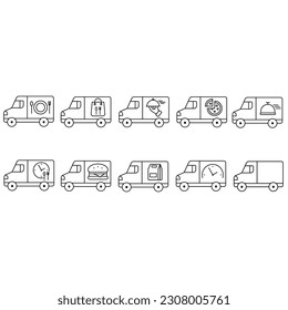 Food delivery icon vector set. Takeaway food illustration sign collection. fast food symbol. Restaurant on wheels logo.