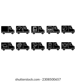 Food delivery icon vector set. Takeaway food illustration sign collection. fast food symbol. Restaurant on wheels logo.