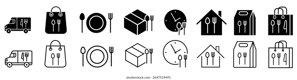 Food delivery icon vector set. Takeaway food illustration sign collection. fast food symbol or logo. Restaurant web icons.