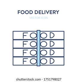 Food delivery icon. Vector simple illustration of stack of boxes with food. Represents a concept of online food ordering adn delivering. Flat cardboard boxes with text food