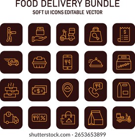 Food delivery icons collection representing services and various delivery scenarios depicting convenience and speed of