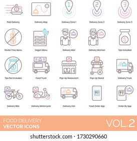 Food delivery icons including paid, map, zone, gluten free menu, vegan, man, woman, tips not included, truck, pop-up restaurant, stand, bike, motorcycle, van, order by app.