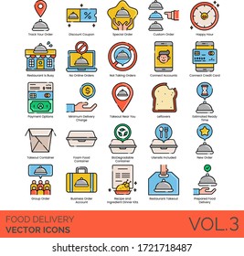 Food delivery icons including track your order, discount coupon, special, custom, happy hour, connect account, credit card, payment option, minimum charge, takeout near you, leftover, estimated time.