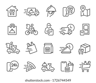 Food Delivery icons set. Collection of linear simple web icons such as fast delivery, courier, home delivery, courier on a scooter and bicycle, box and bag of food, and more. Editable vector move.