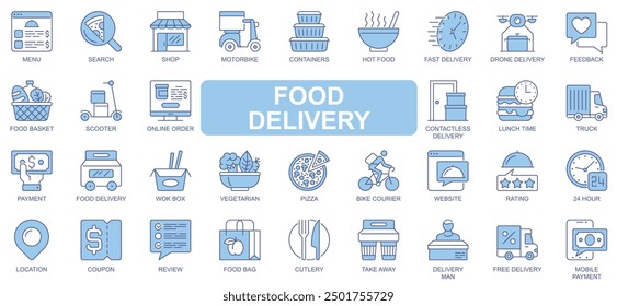 Food delivery icons set in duotone outline stroke design for web. Pack pictograms of menu, search, shop, motorbike, container, drone, feedback, basket, pizza, online order, other. Vector illustration.