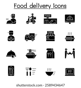 Food delivery icons set in glyph style