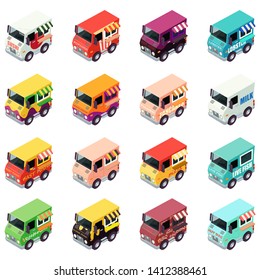 Food delivery icons set. Isometric set of 16 food delivery vector icons for web isolated on white background