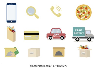 Food delivery icons set on white background.Smartphone, magnifier, call, pizza, food bag, car, truck, credit card, food box. Concept for food delivery, business. llustration isolated in a flat style