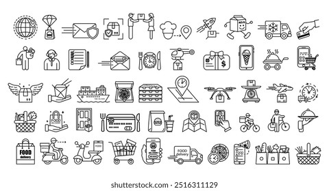 Food and delivery icons set on a white background. Vector illustration