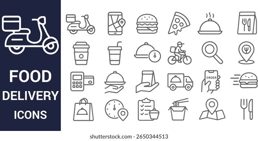 Food delivery icons set with scooter and food items