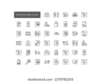 Food Delivery icons set. simple web icons such as food box, courier, fast delivery, door delivery, order food online, scooter and food truck, courier call and more