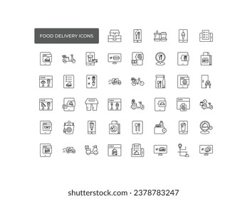 Food Delivery icons set. simple web icons such as food box, courier, fast delivery, door delivery, order food online, scooter and food truck, courier call and more