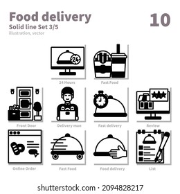 Food delivery icons set, Solid line, vector and illustration set 3