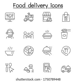 Food delivery icons set in thin line style