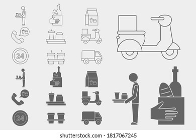 Food delivery Icons set - Vector outline symbols and silhouettes of courier, truck, pizza, transportation, cart, scooter and other for the site or interface