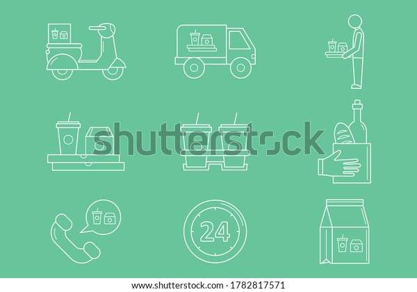 Food delivery Icons set - Vector outline\
symbols of courier, truck, pizza, transportation, cart, scooter and\
other for the site or\
interface