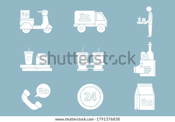 Food delivery Icons set - Vector silhouettes of\
courier, truck, pizza, transportation, cart, scooter and other for\
the site or interface
