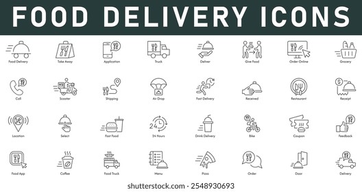 Food Delivery Icons vector illustration with thin line editable stroke contains take away application grocery online order door pizza menu feedback 24 hours fast food select location call