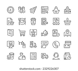 Food delivery icons. Vector line icons set. Order food, express shipping, fast food, courier, grocery store, online delivery service concepts. Black outline stroke symbols