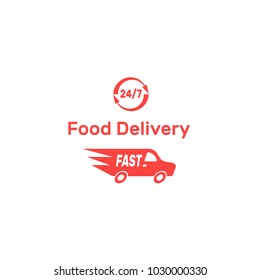 Food Delivery Illusion, vector flat, car silhouette, fast rides, round-the-clock, red, white, logo, icon