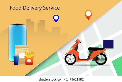 Food delivery illustration concept design, food delivery service with scooter, Free and fast food delivery service with scooter, junk food illustration in flat style design, vector illustration