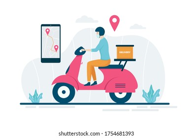 Food delivery illustration concept, men send food using motorcycles. Illustration for websites, landing pages, mobile applications, posters and banners