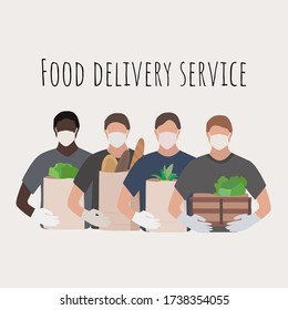 Food delivery illustration with courier men during the prevention of coronovirus, Covid-19. Flat characters with face masks, gloves, holding craft package with products in their hands. 