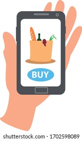Food delivery. Illustration of a home delivery application. Service for ordering food online by phone with a button to order food. Vegetables and fruits in a paper bag on a white background. Vector 