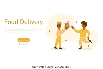 food delivery illustration set. characters are receiving food from delivery man. food delivery application concept. vector illustration.