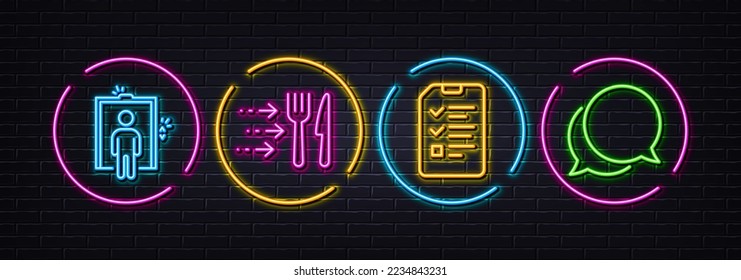 Food delivery, Interview and Elevator minimal line icons. Neon laser 3d lights. Chat message icons. For web, application, printing. Fork and knife, Checklist file, Lift. Speech bubble. Vector
